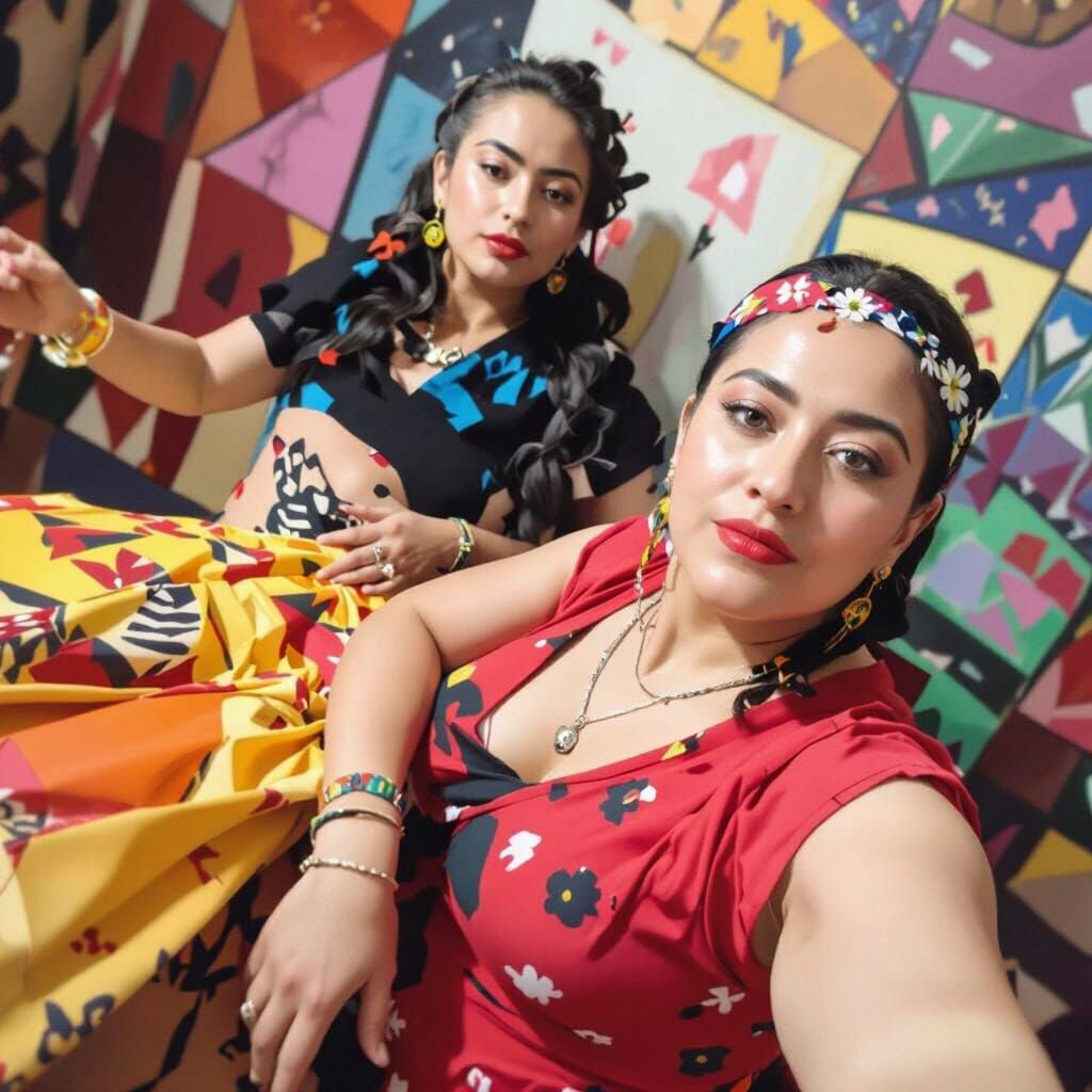 Women Dancing in Hybrid Modigliani Schiele Kahlo Style