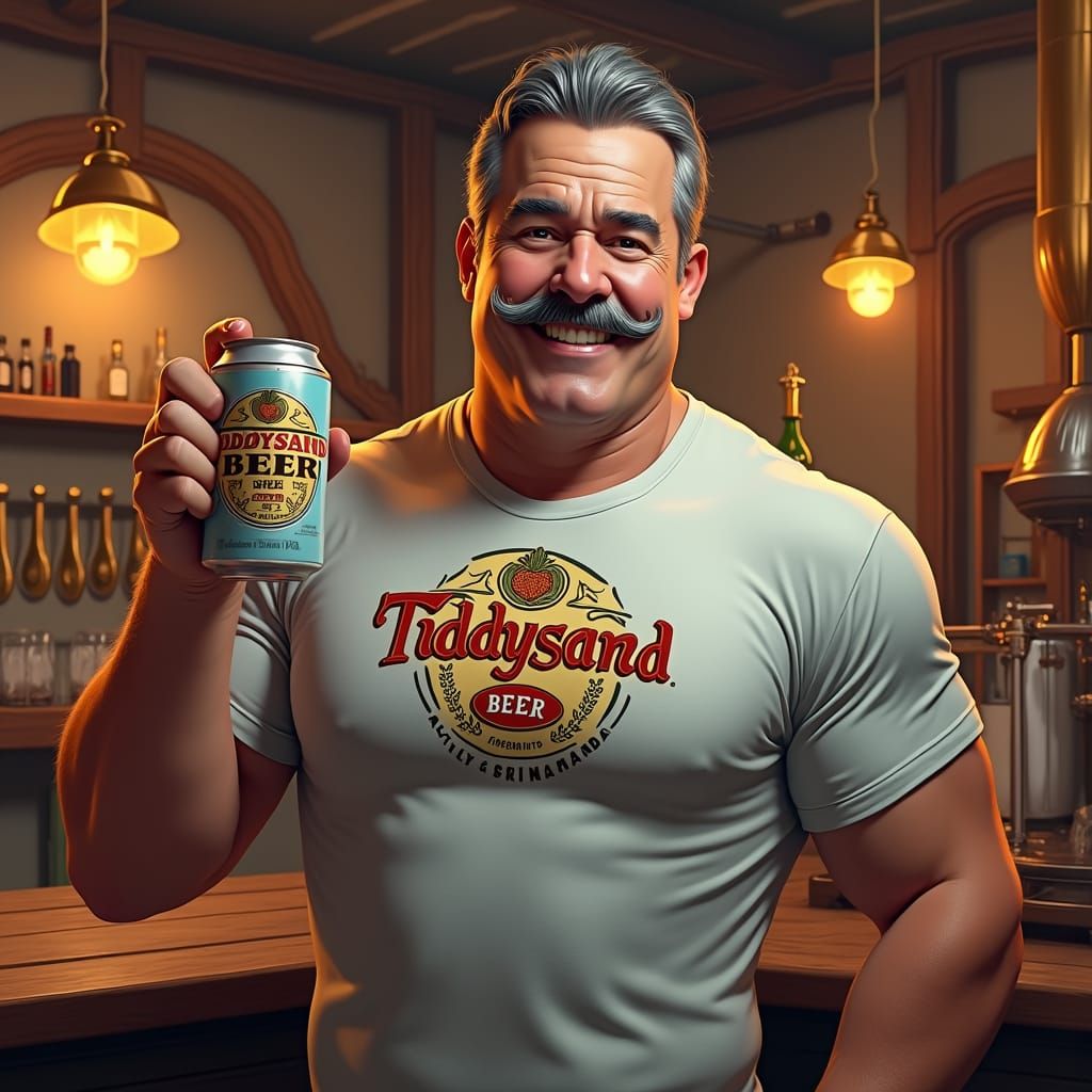 Man Proudly Presents Tiddysand Beer in Matte Painting Style