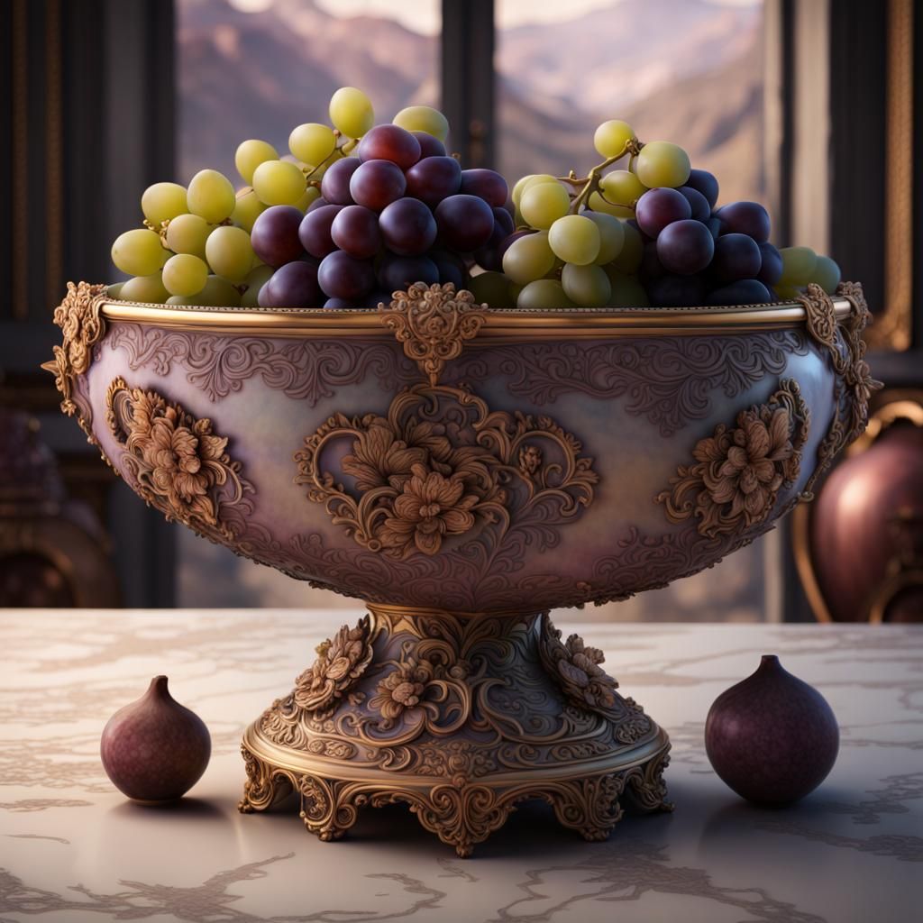 Crystals and Fruit in Intricate 3D Ceramic Bowl