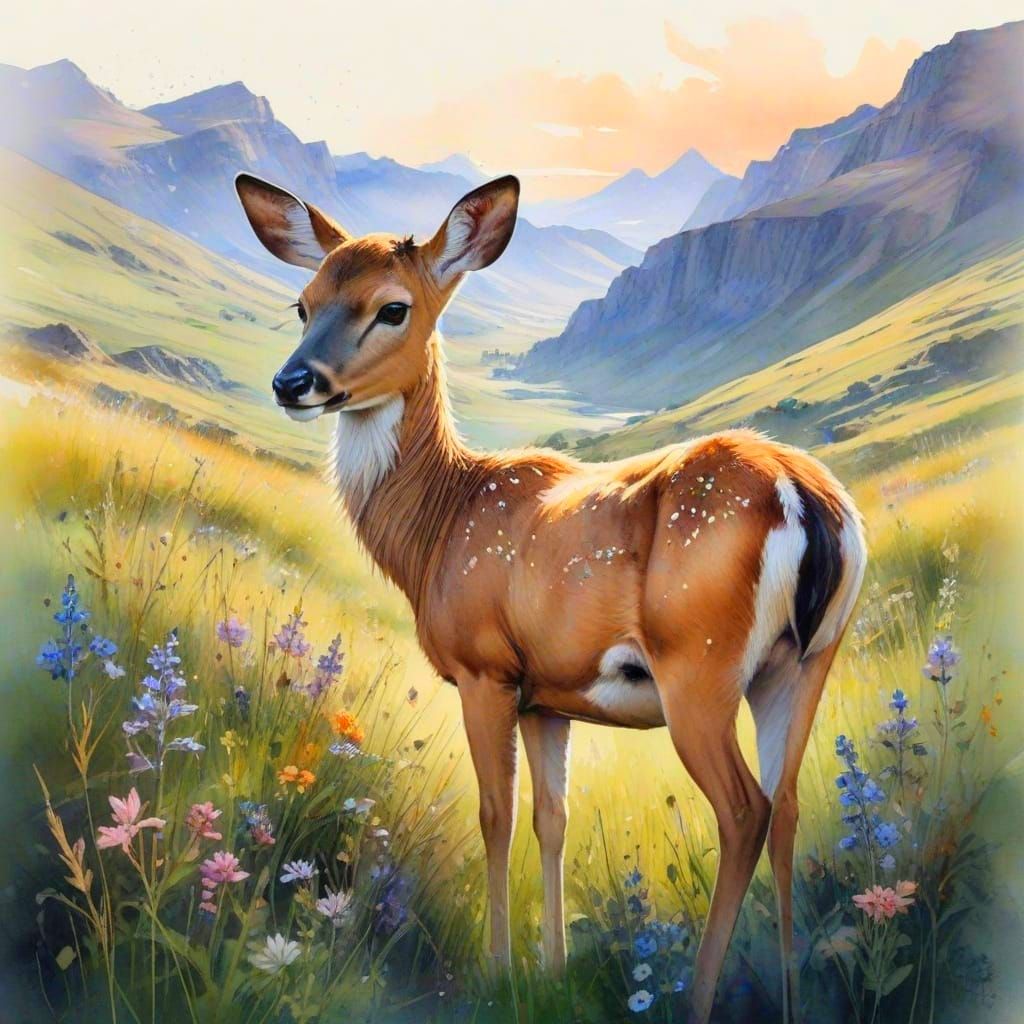 Surreal Watercolor Landscape of a Doe in a Mountain Meadow