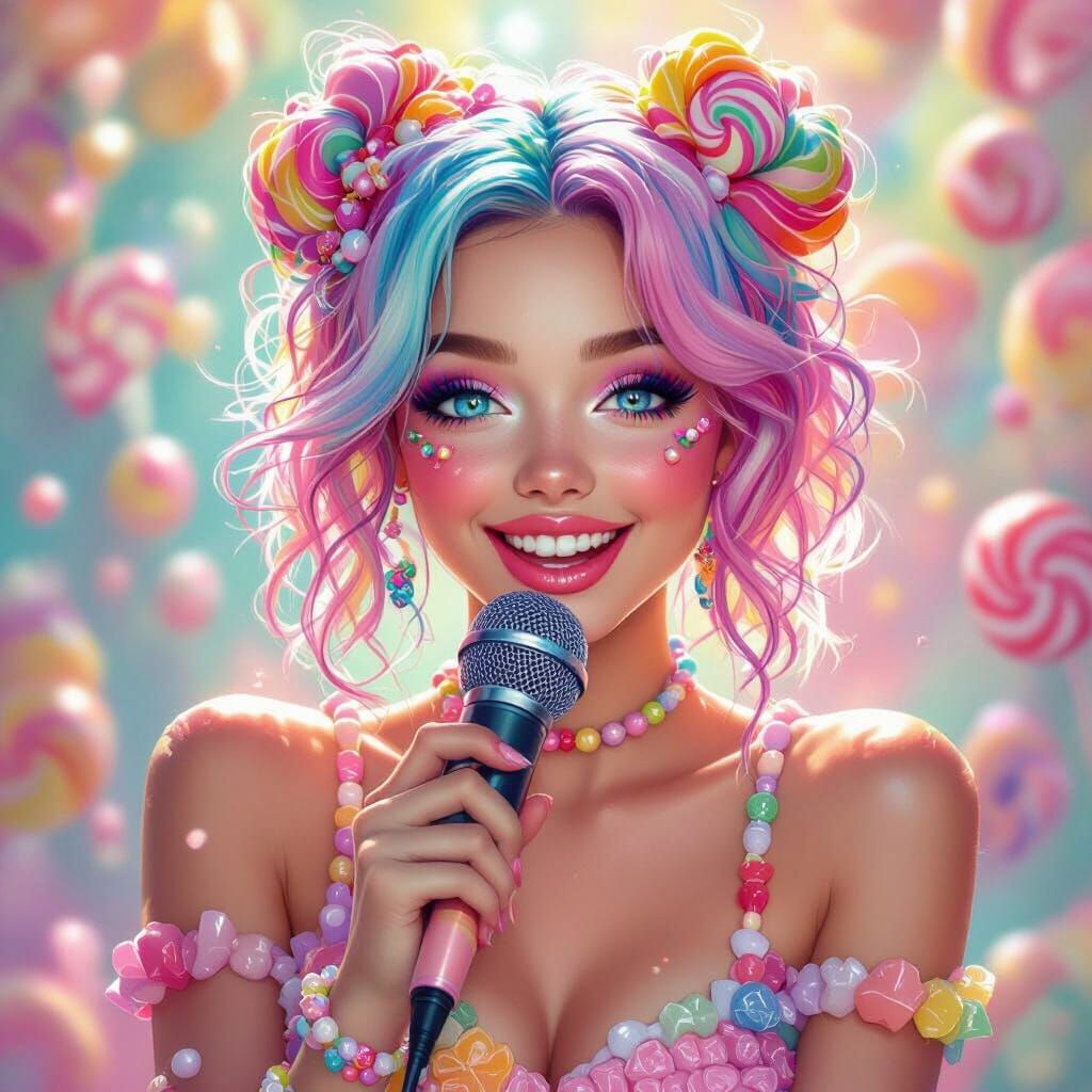 Candy Woman Singer with Rainbow Hair and Microphone
