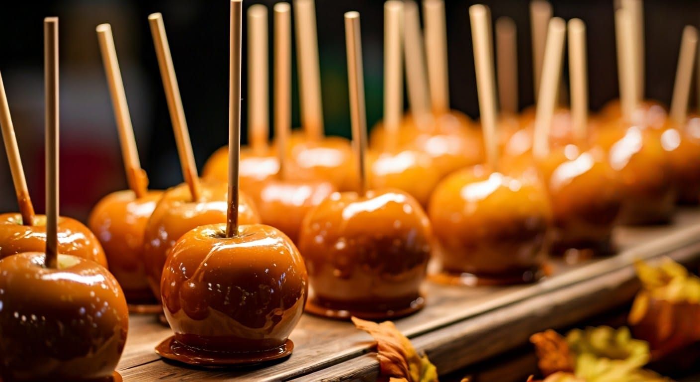 Surreal Autumn Night Market Scene with Caramel Apples