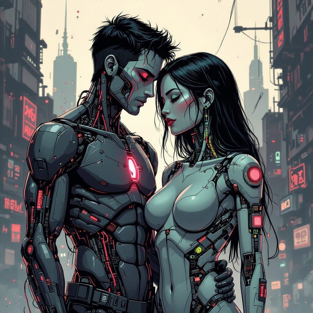 Cyberpunk Deities Conjoined in Gritty Cityscape