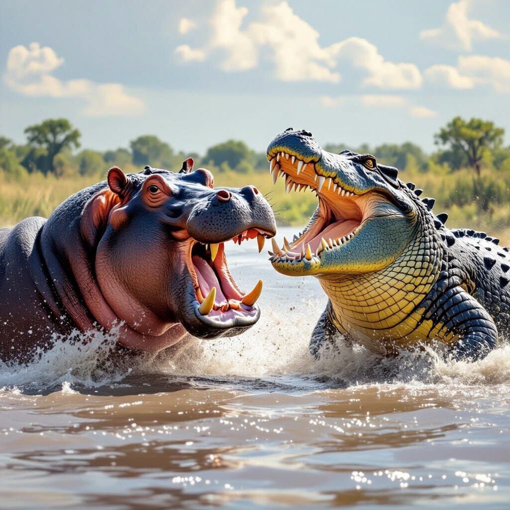 Hippo Versus Crocodile: River Battle in Wildlife Art Style