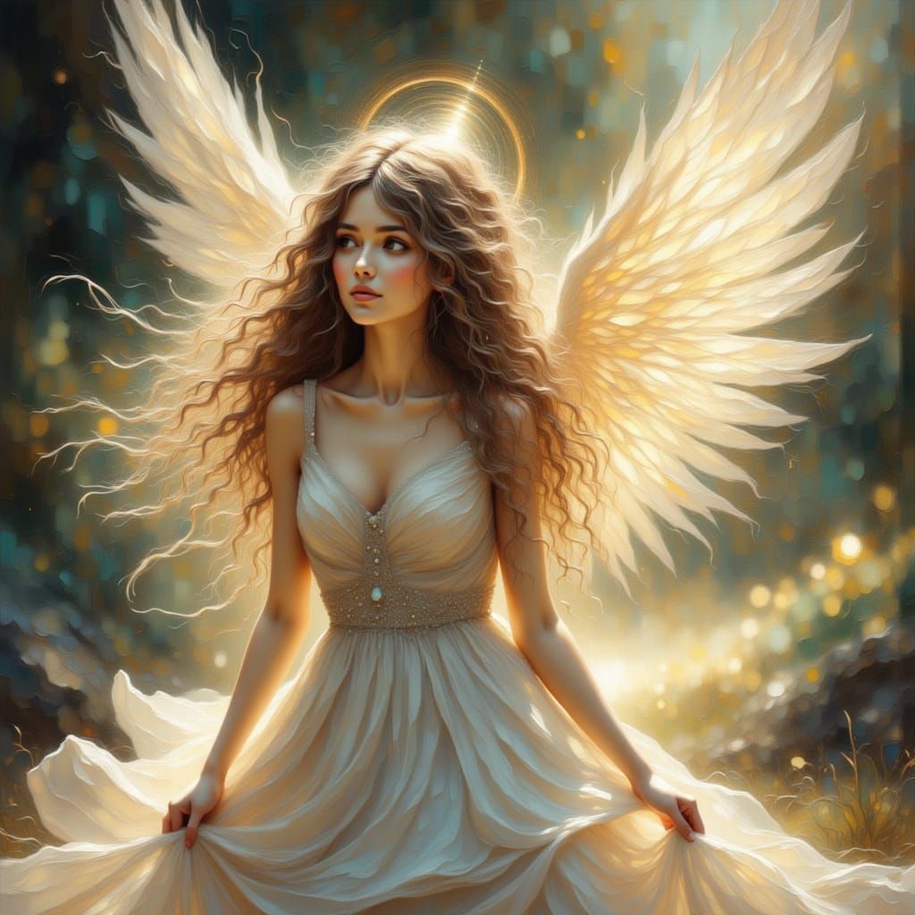 Ethereal Angel with Golden Glow and Silken Curls