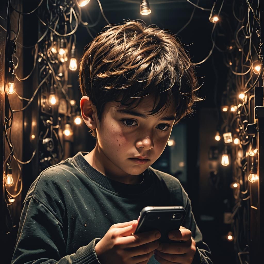 Boy in Dark Room Lit by Phone Light