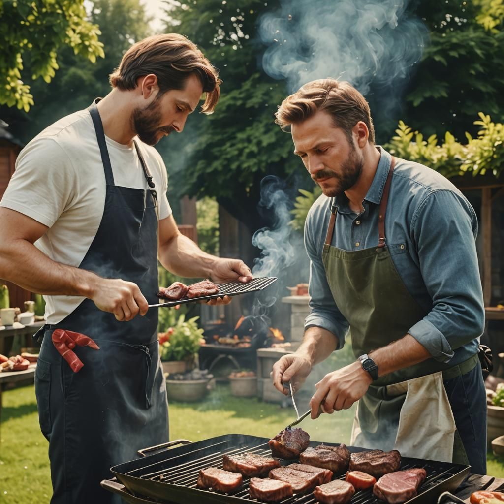 Summertime Barbecue: Man Grilling Meat in Yard