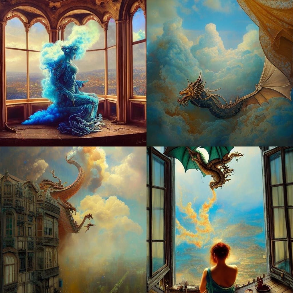 view of the dragon  from an enormous window in a castle, sur...