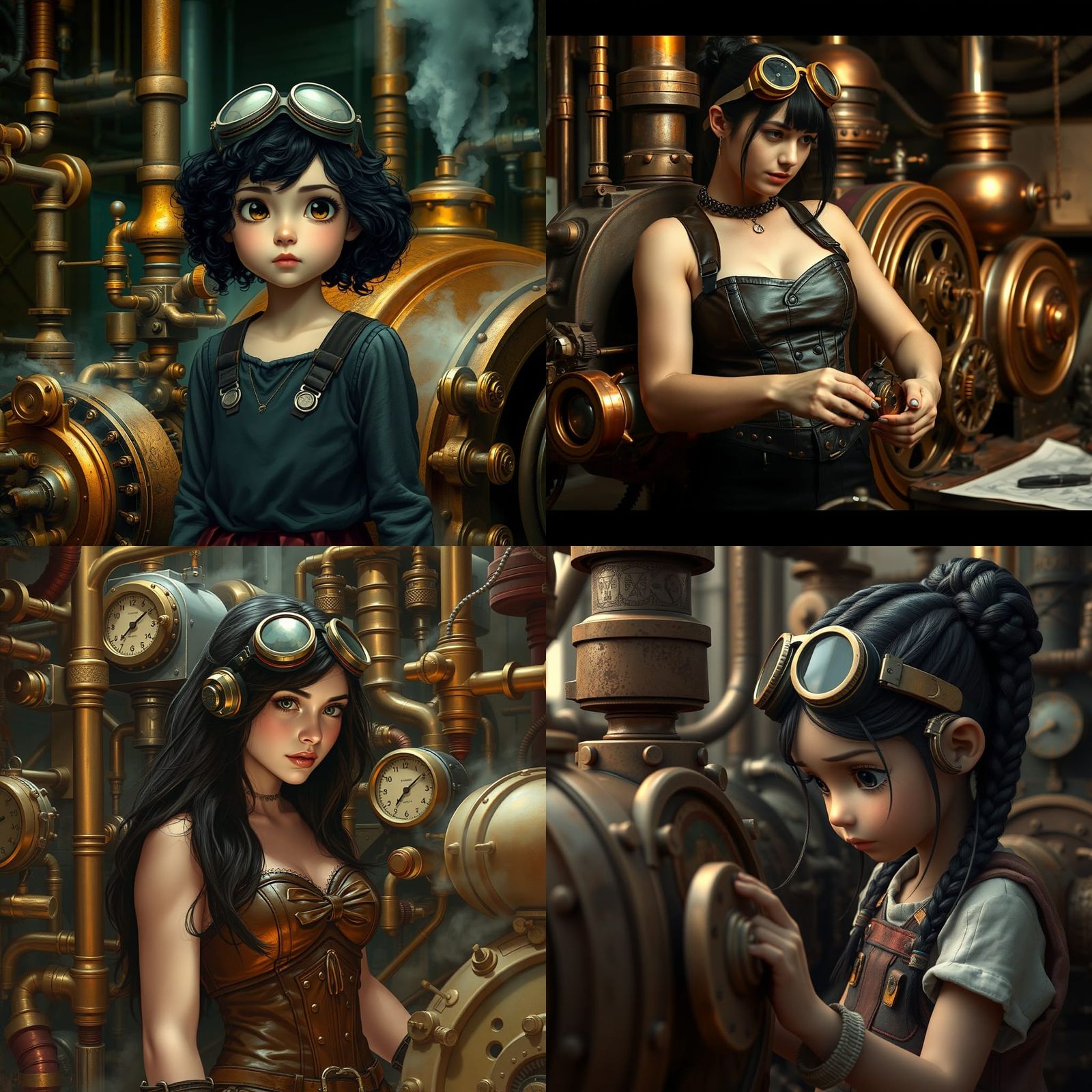 Girl with Black Hair and Steampunk Engine