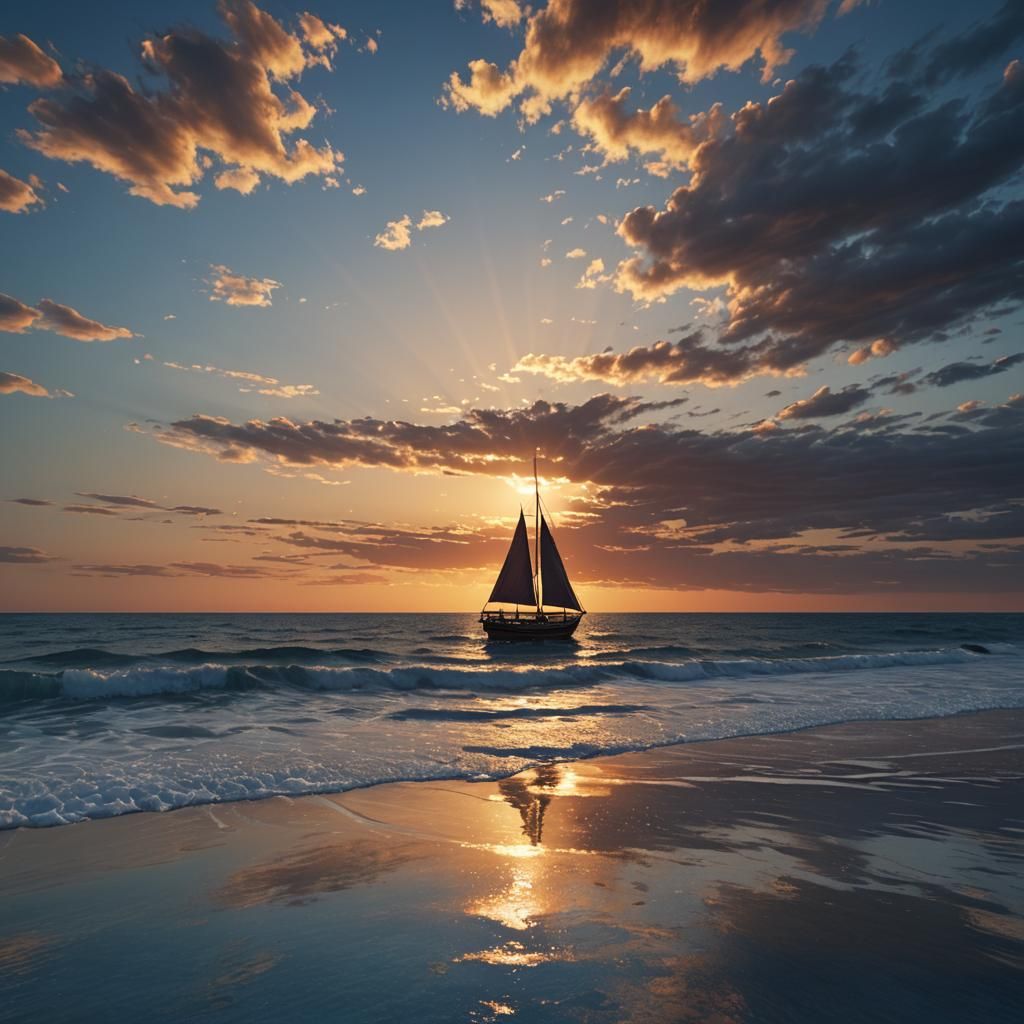 Beach Sunset with Boat Reflection in Matte Painting
