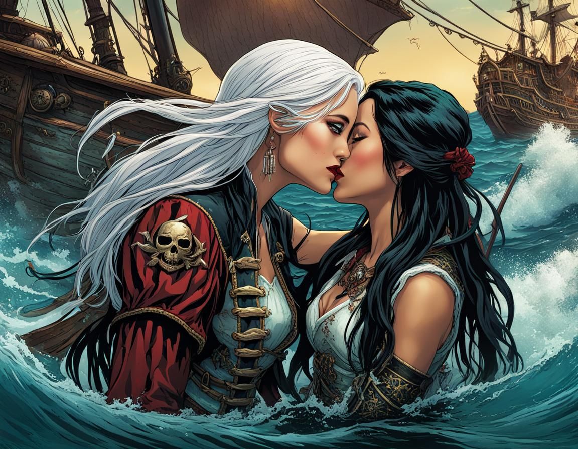 Mermaid and Pirate Kiss: Fantasy Comic Art