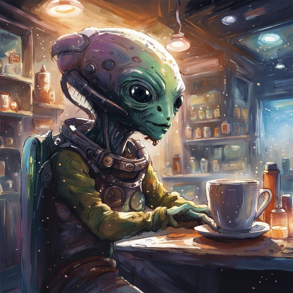 Charming Alien at Coffee Shop in Anime Style