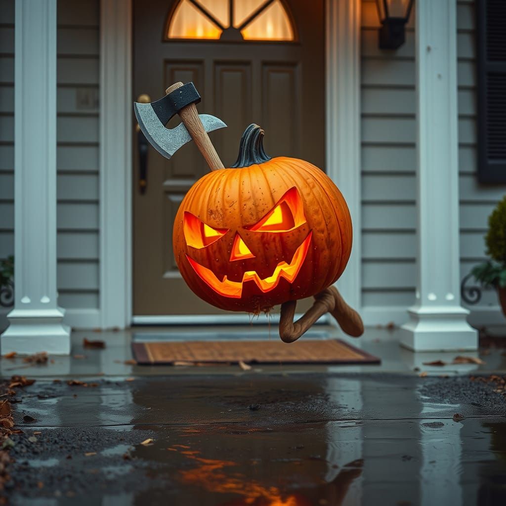 Halloween Pumpkin with Axe Leaping at Door