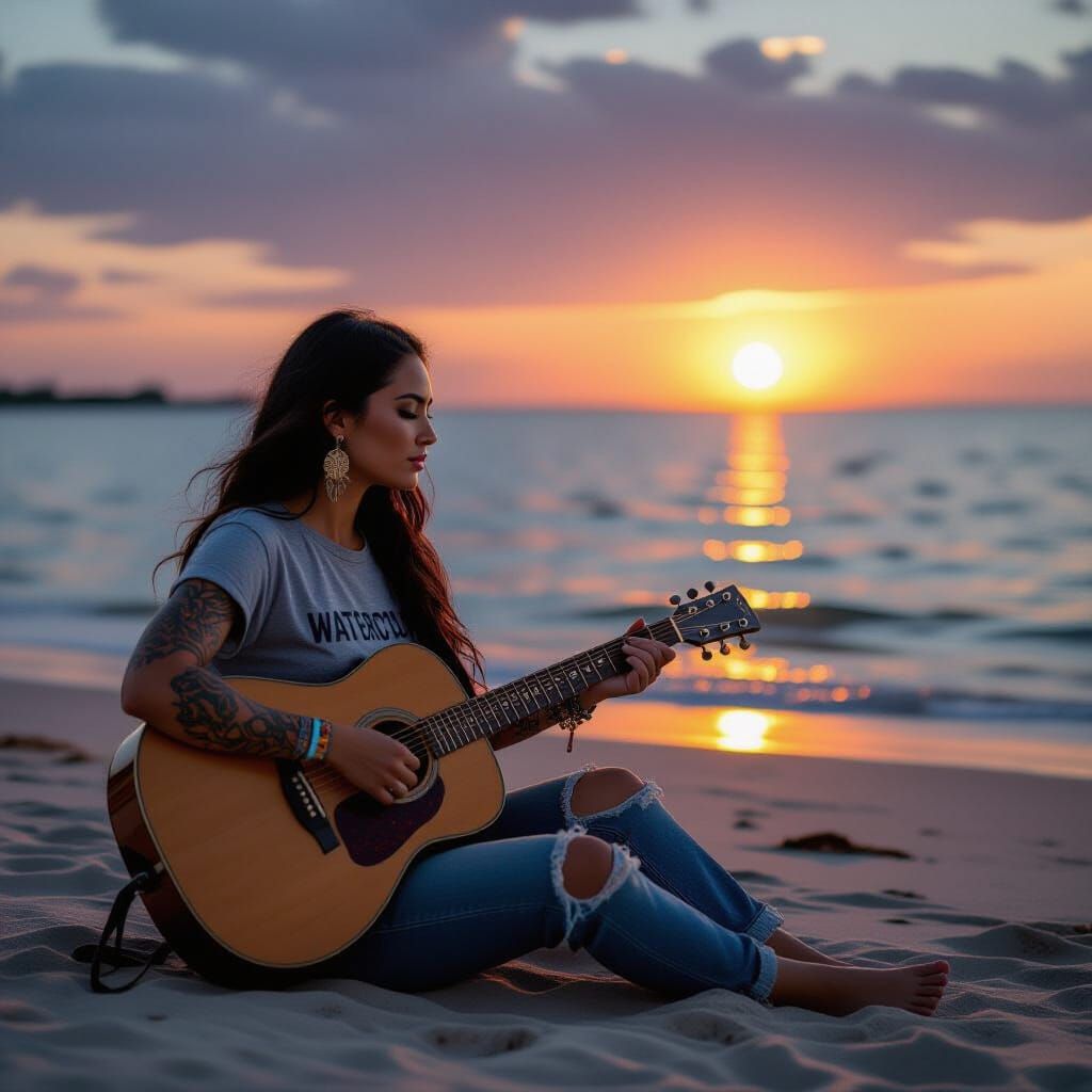 Native American Woman Plays Guitar at Sunrise Beach
