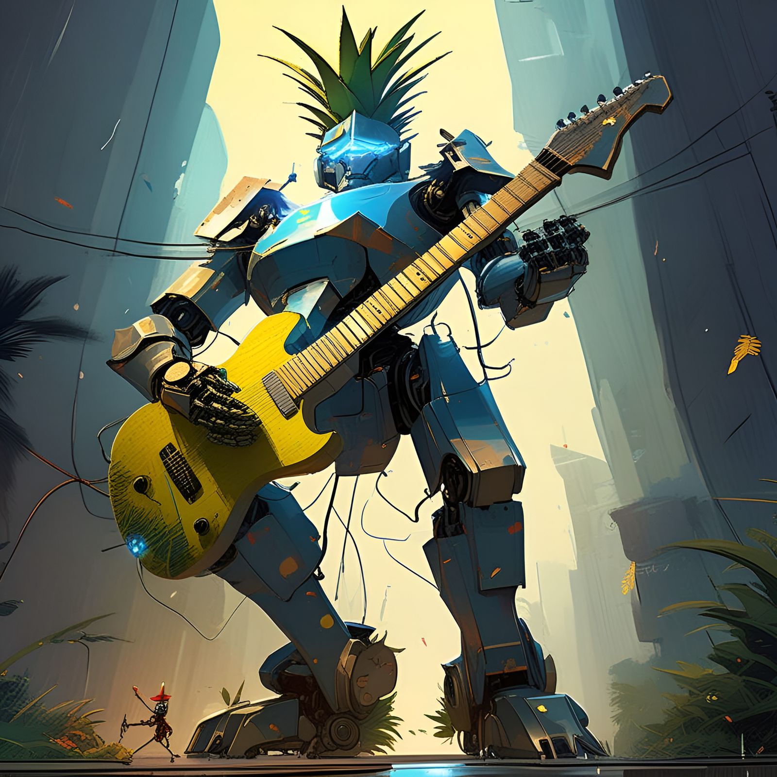 Mecha Robot Pineapple Head Guitar Solo: Digital Illustration