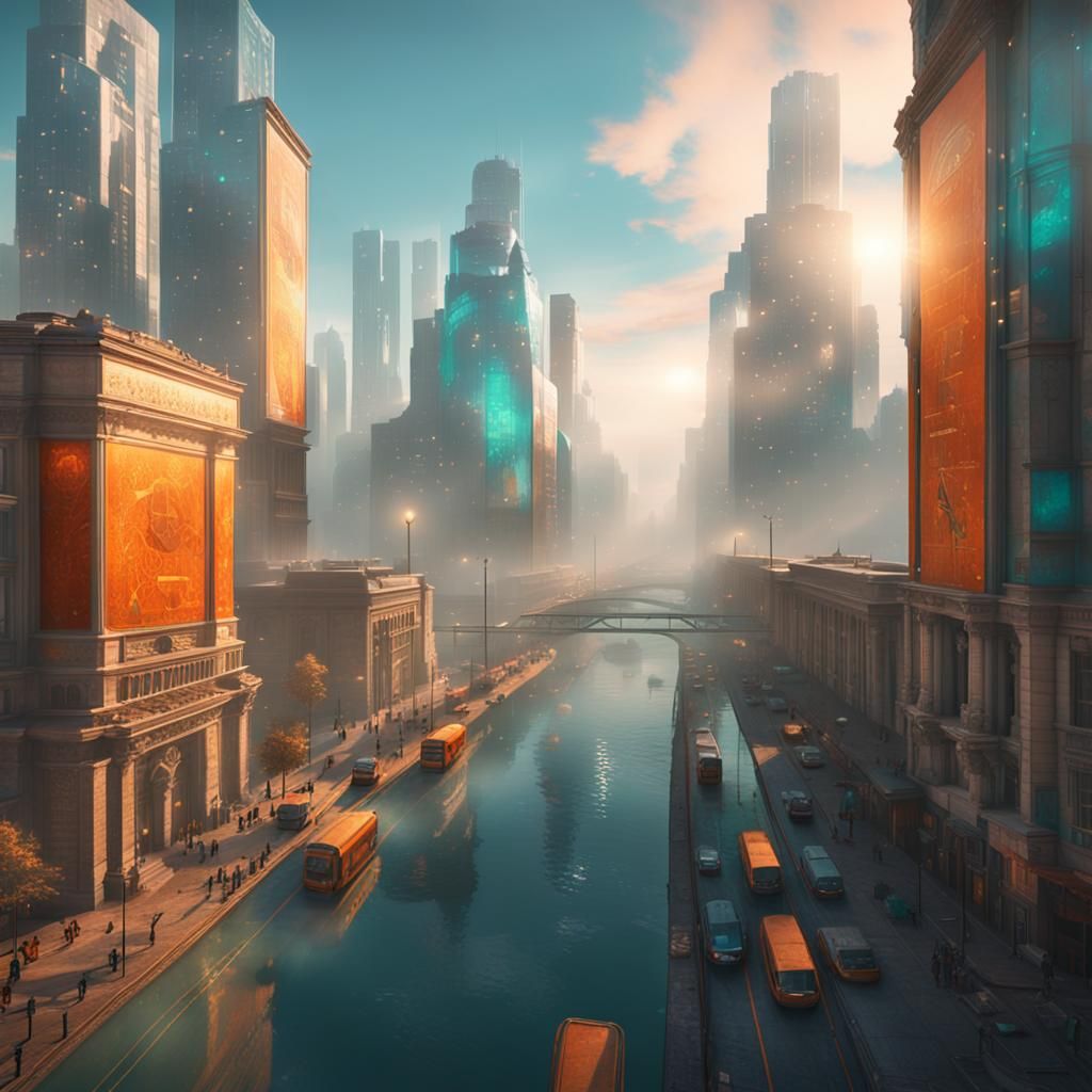 Hyperdetailed Foggy Cityscape with High-Rise Buildings