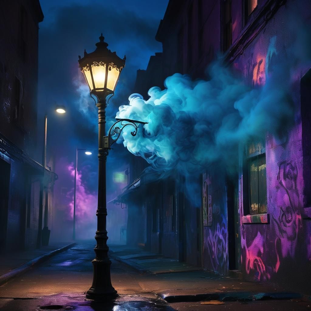 Neon Spray Paint Wall with Blue Smoke, Hyper-Realistic