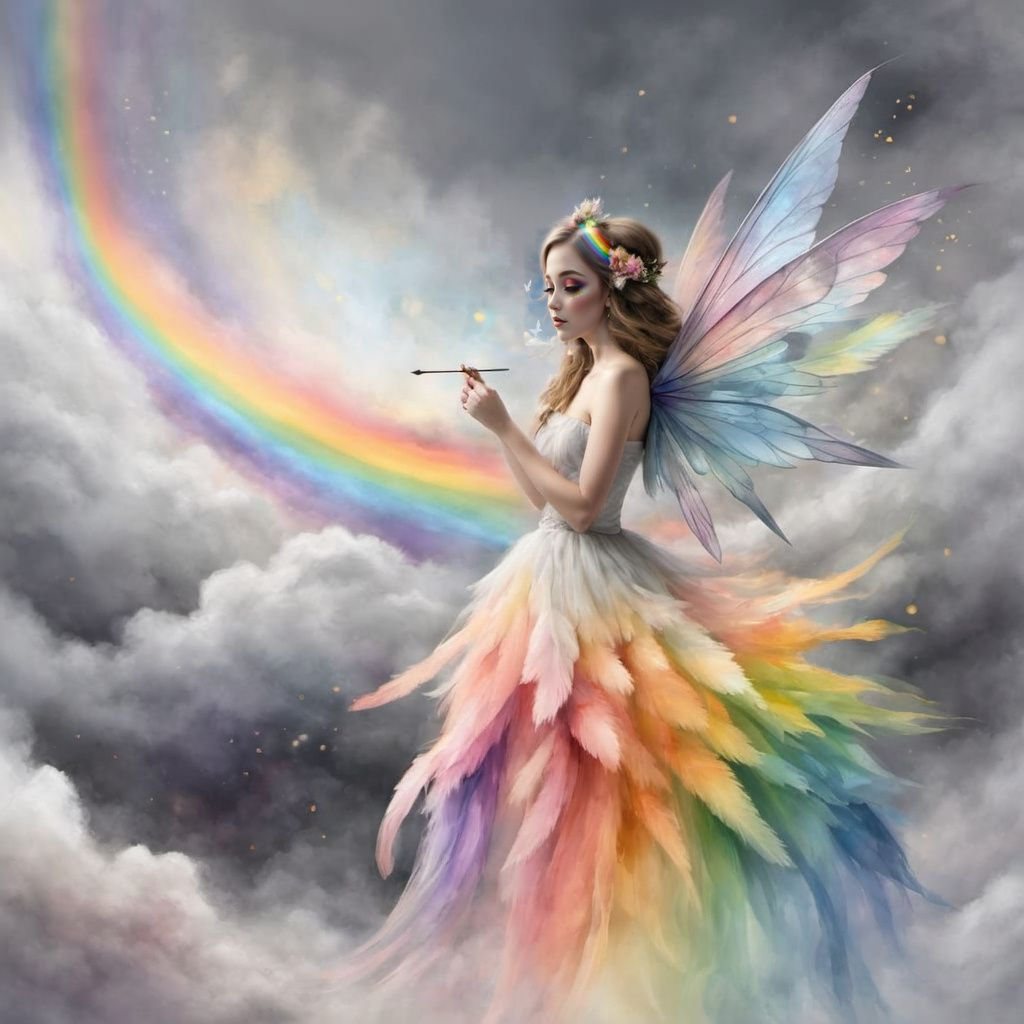 Vibrant Fairy Unfurls Rainbow across Muted Sky