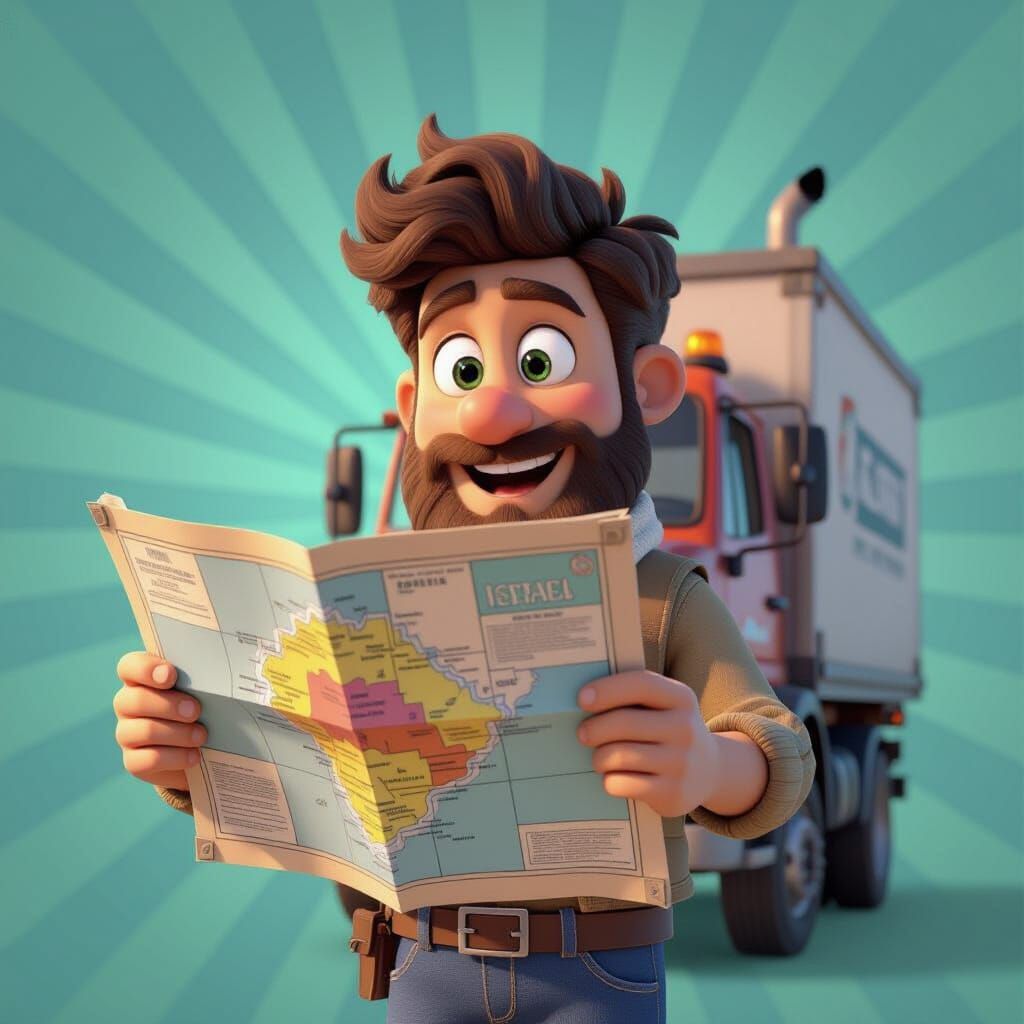 Animated Truck Reads Map of Israel in 3D Style
