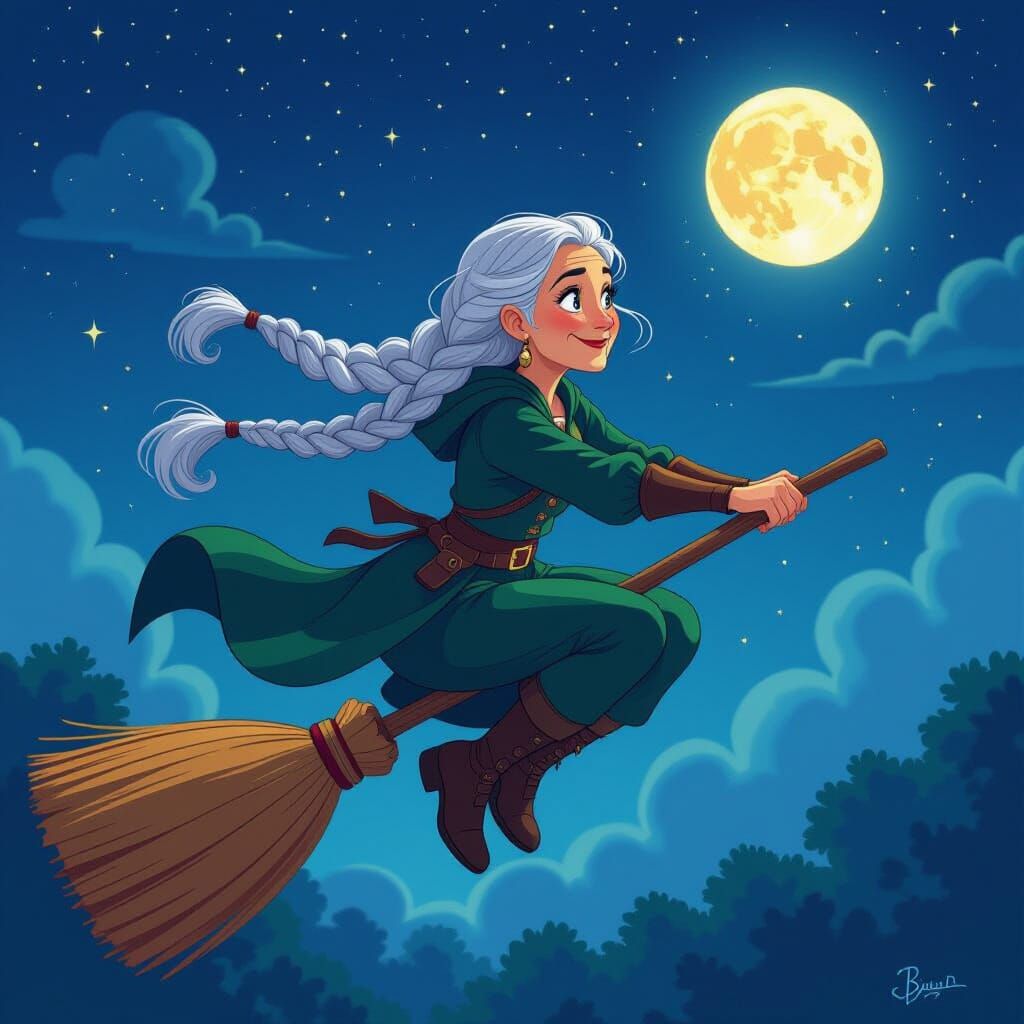 Witch Flight Instructor Demonstrates Sweeping Turn in Starry...