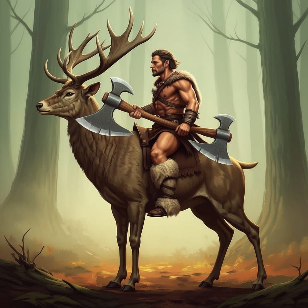 Stone Age Warrior on Stag, Frazetta-esque Fantasy