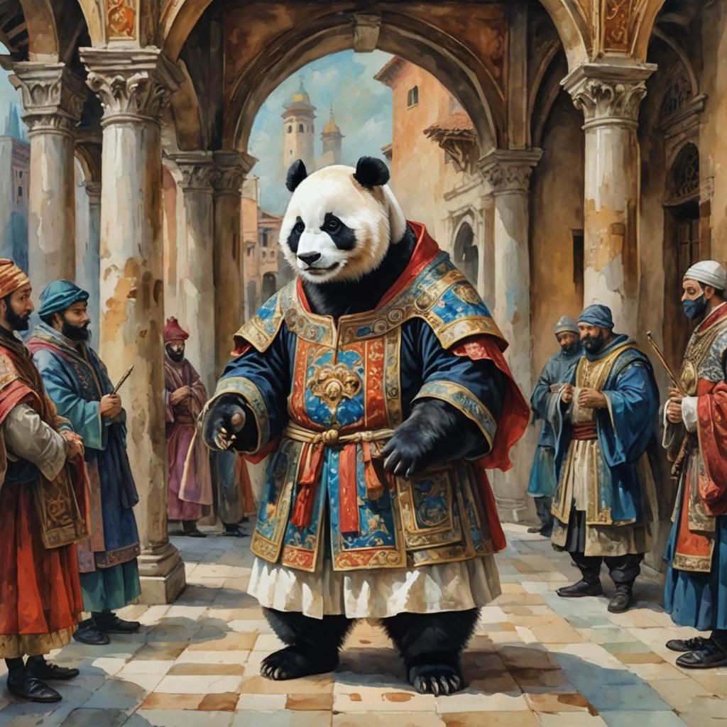 Panda painted in the Venetian style as described by Marco Polo to a local artist