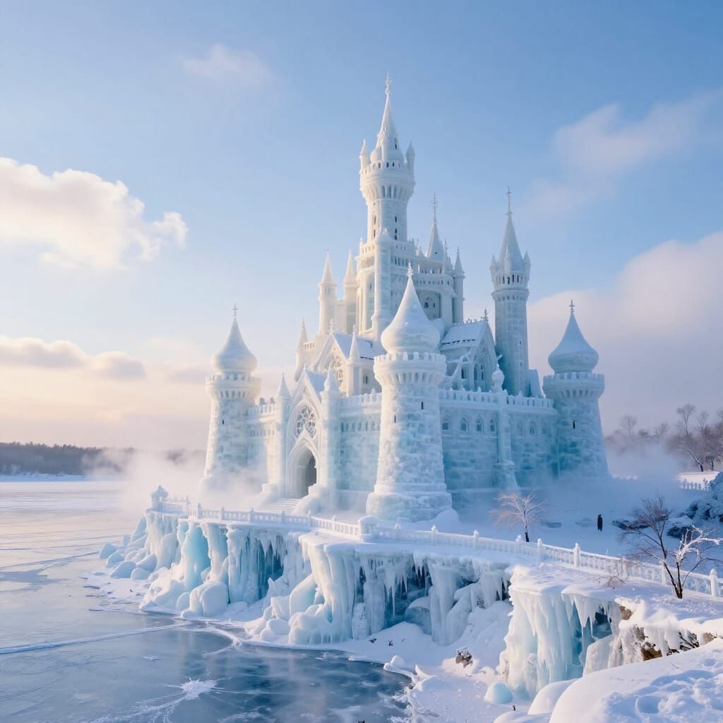 Enchanting Ice Castle in Ethereal Winter Landscape