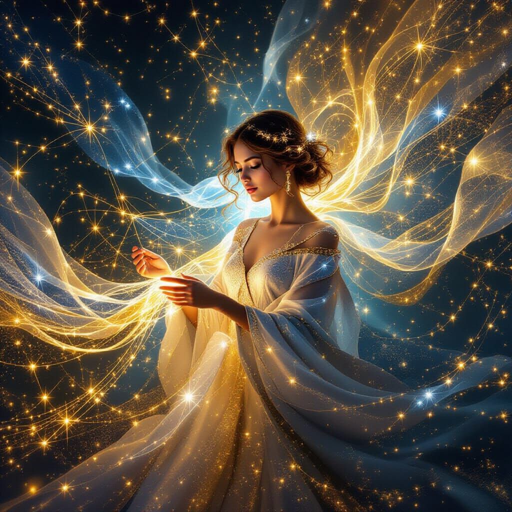 Surreal Being Weaving Light Into Constellation Fabric