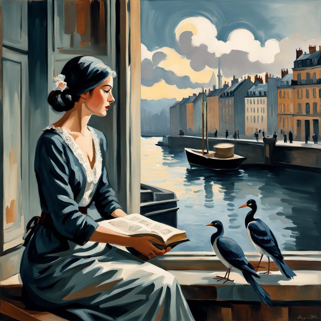 Parisian Woman Reading by Window in Impressionist Style