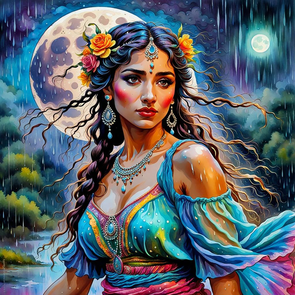 Gipsy Dancer in Rainy Moonlight, Watercolour Art
