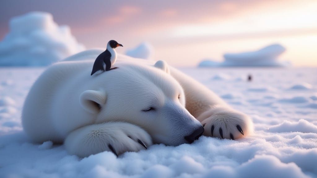 Polar Bear and Penguin Share Arctic Comfort