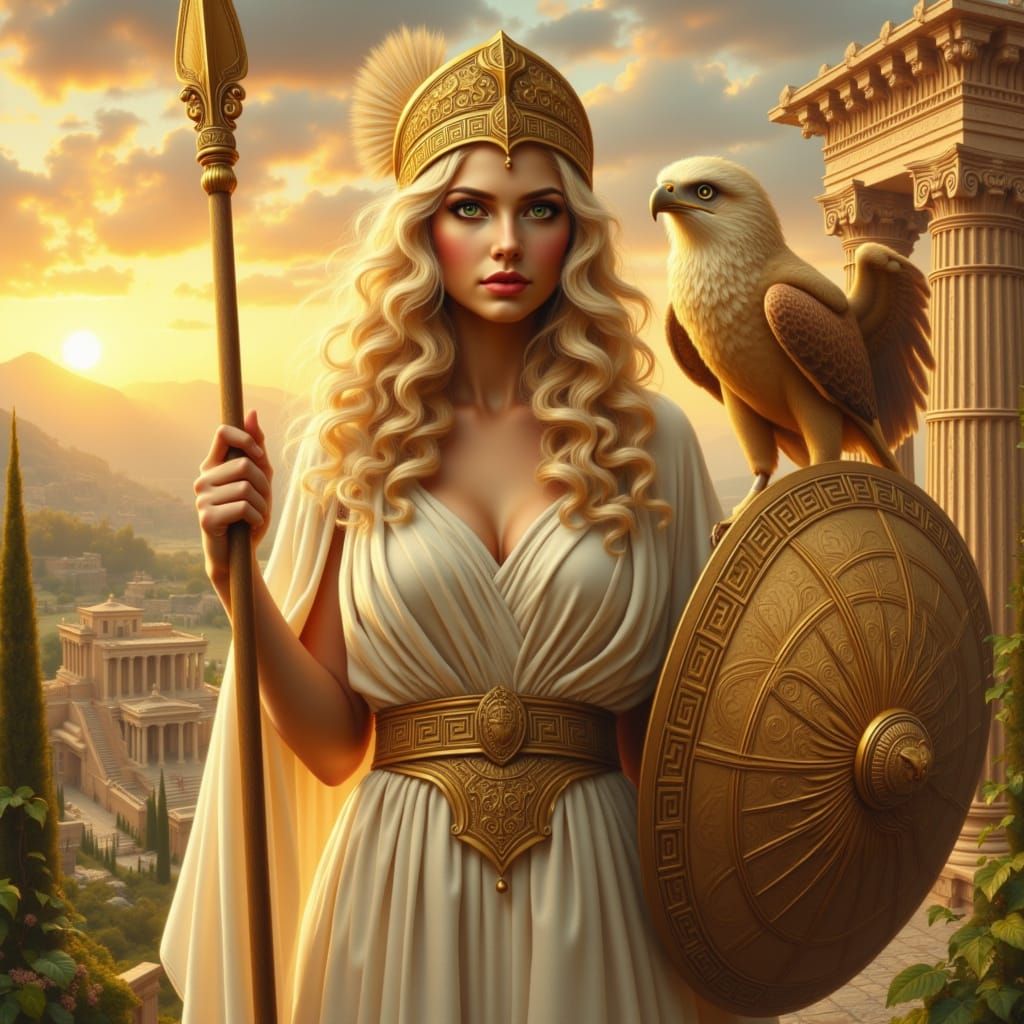 A highly detailed neoclassical fantasy illustration of the goddess Athena standing in a commanding pose at sunset. She h...