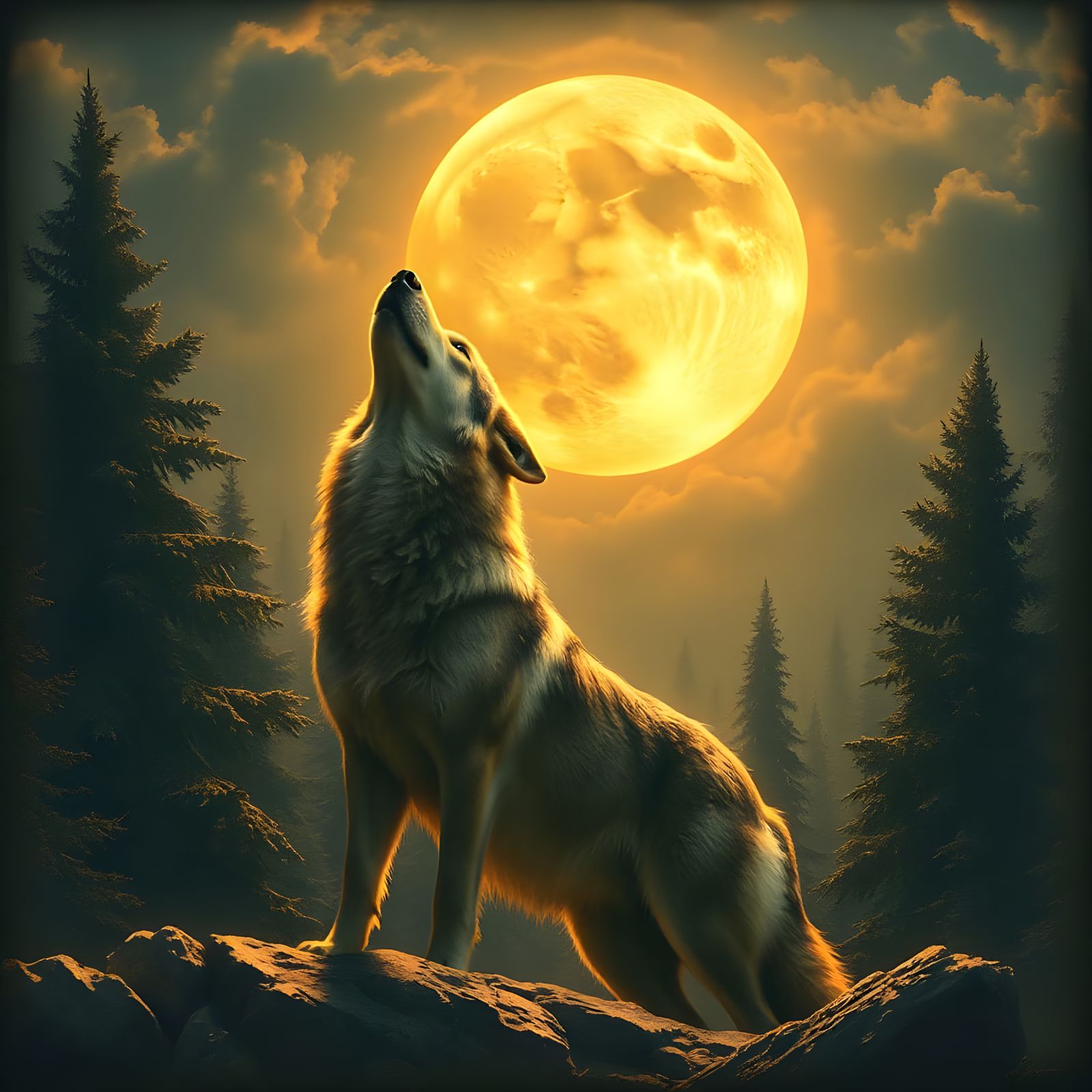 Majestic Wolf Howling at Moon in Forest Art