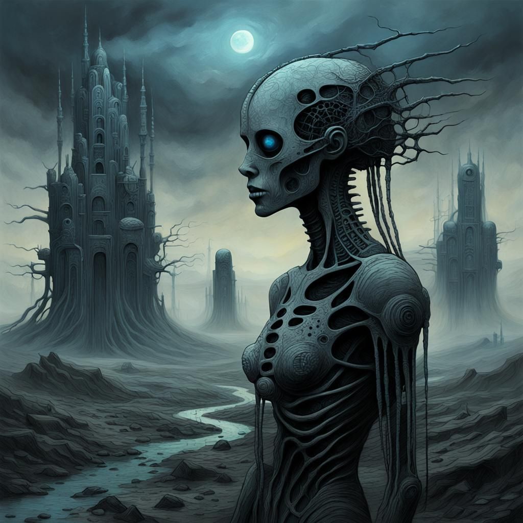 Beksinski-Inspired Woman in Dystopian Landscape