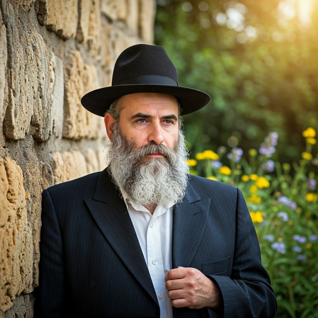 Contemplative Haredi Jew Lost in Thought by Weathered Stone....