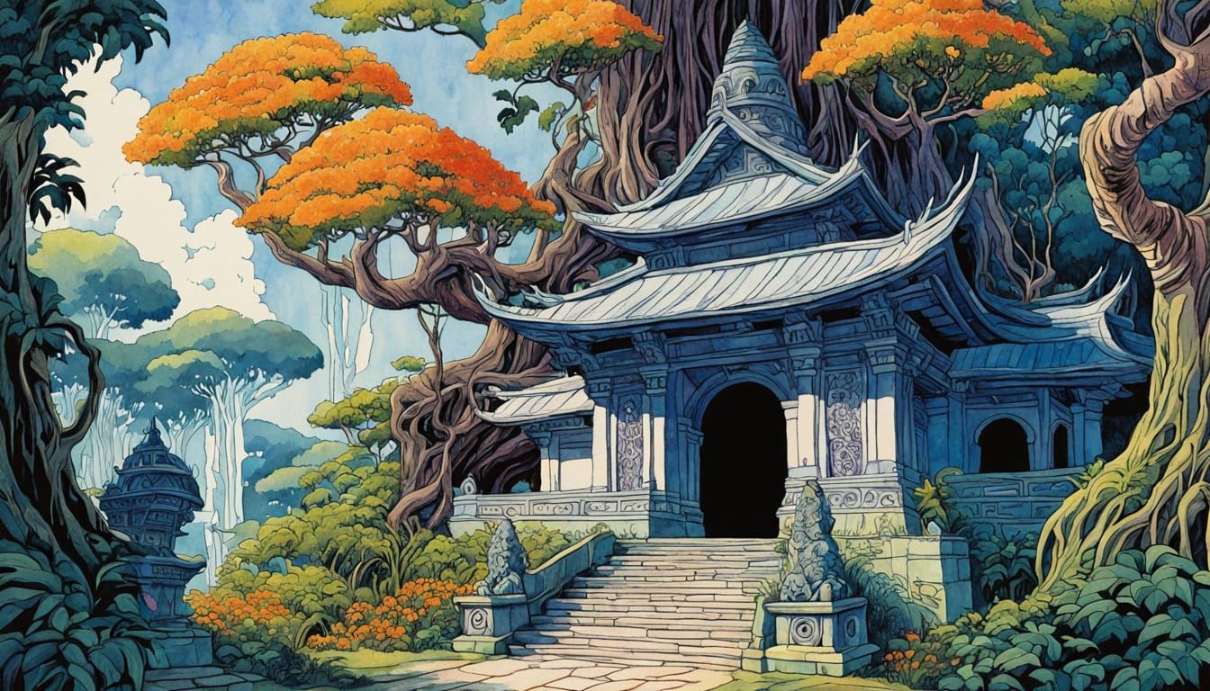 Yoda Temple in Rainforest, Watercolor Style