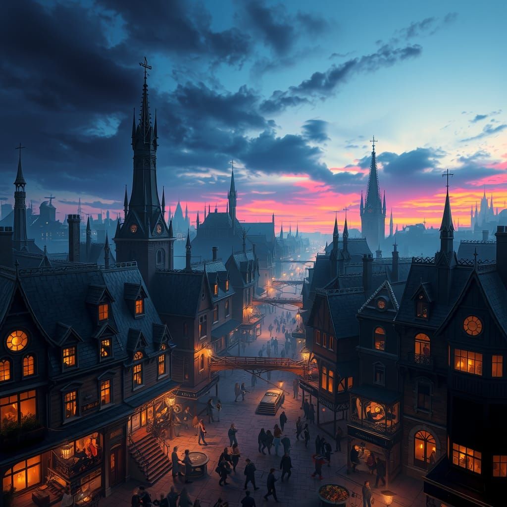 Ankh-Morpork Cityscape with Cyberpunk and Fantasy Elements