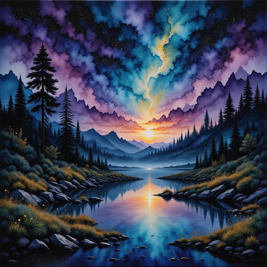 Glowing Fireflies Dance Above Pond: Detailed Matte Painting