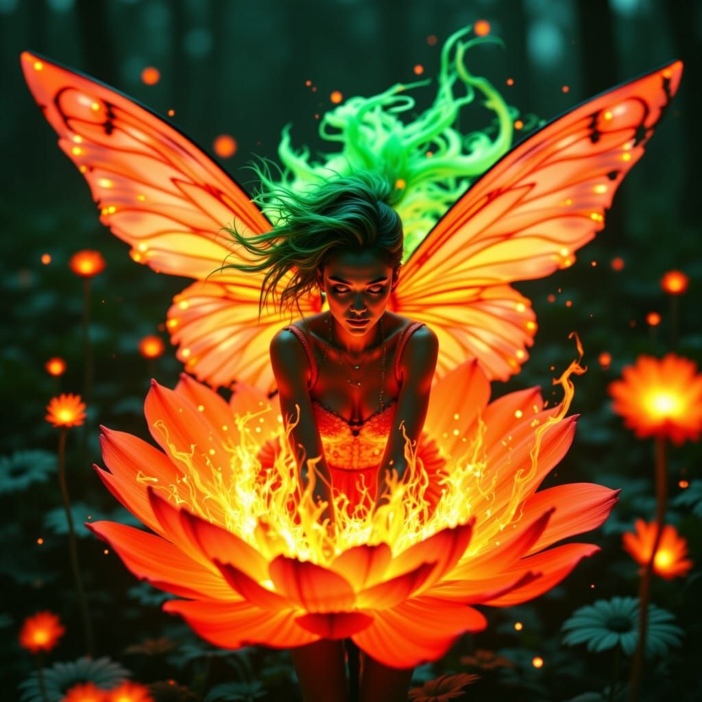 Neon Fire Fairy Emerges from Glowing Flower