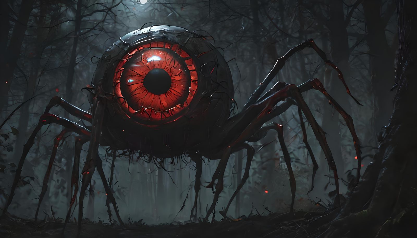Creepy Mecha Eyeball Monster in Dark Forest