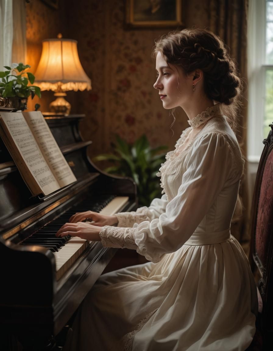 A beautiful young Victorian woman sitting and playing the pi...