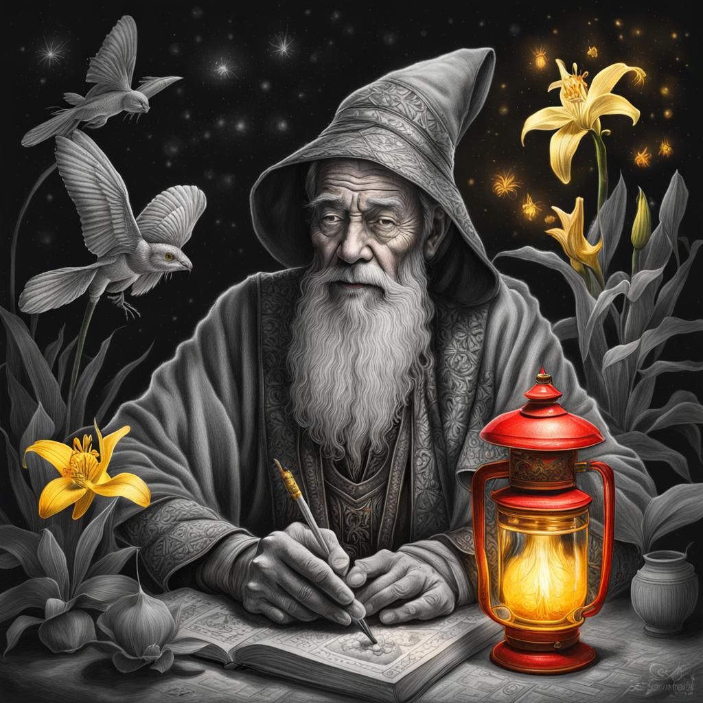 Detailed Pencil Drawing of a Wizard in Garden