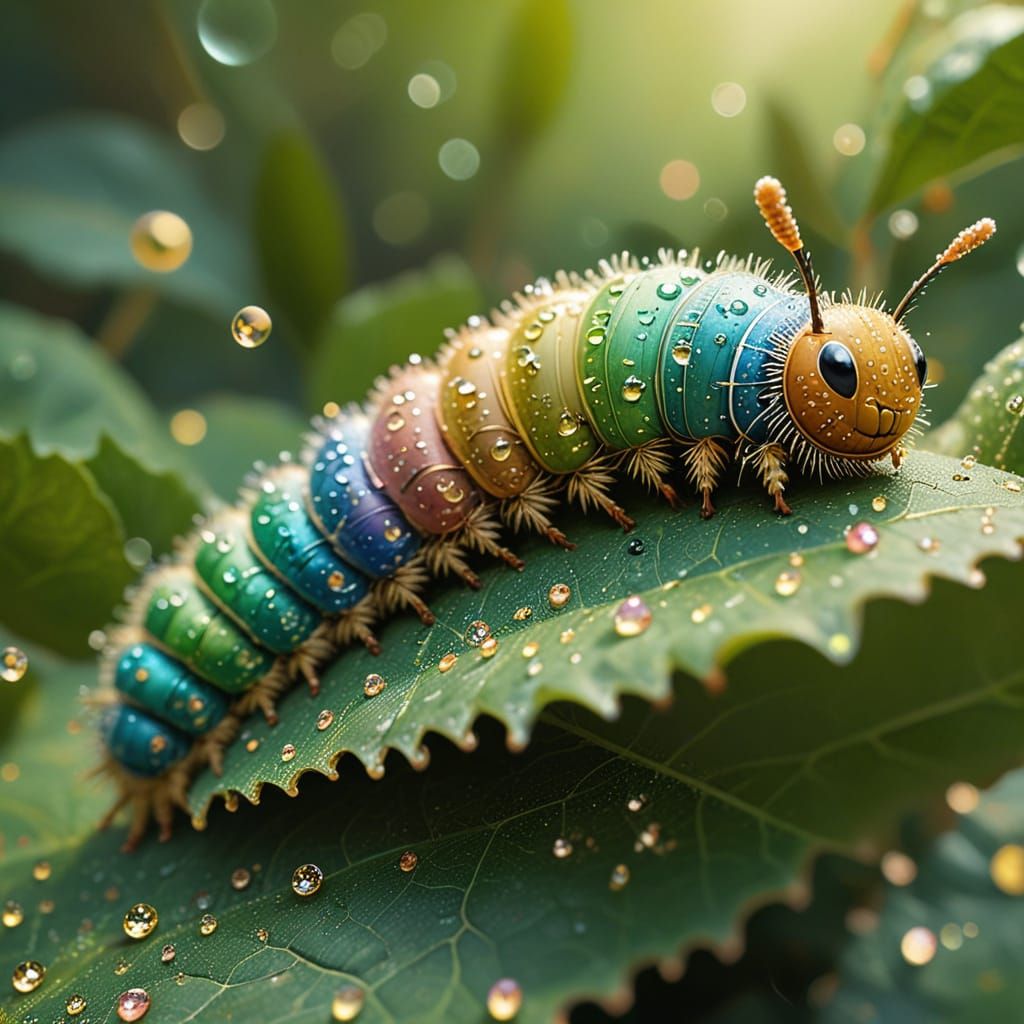 Caterpillar on Leaf in Whimsical Pastel Art