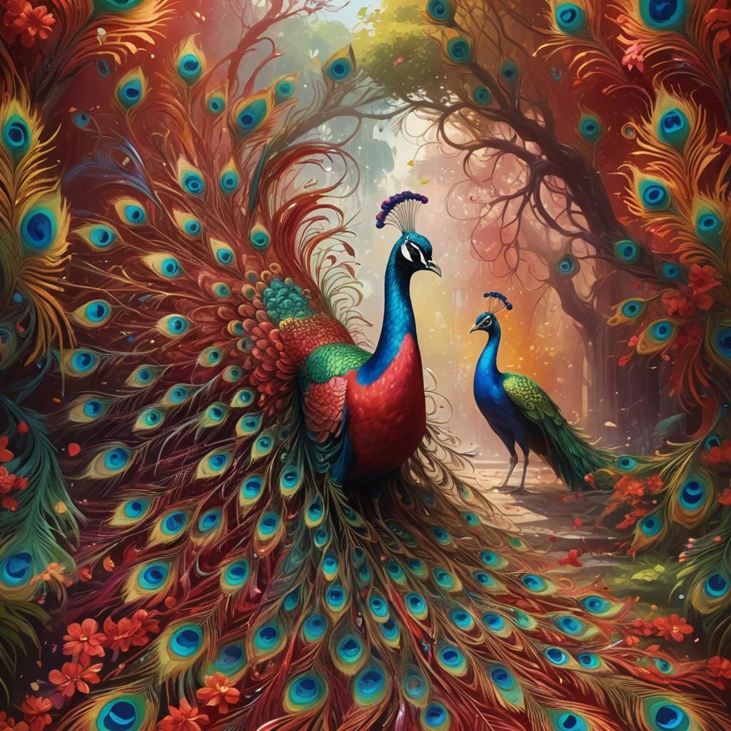 Rainbow Peacock on Red Background: Detailed Matte Painting