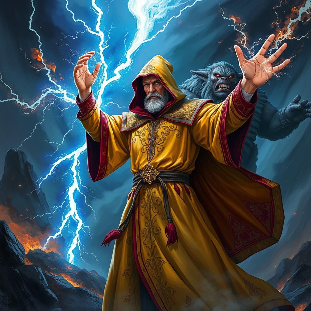 Mage vs Ogre in Dramatic Fantasy Art Style