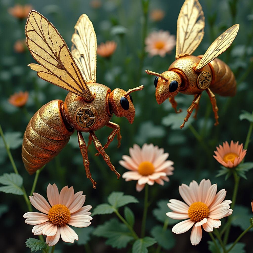 Clockwork Bees in Lush Foliage, Mechanical Art