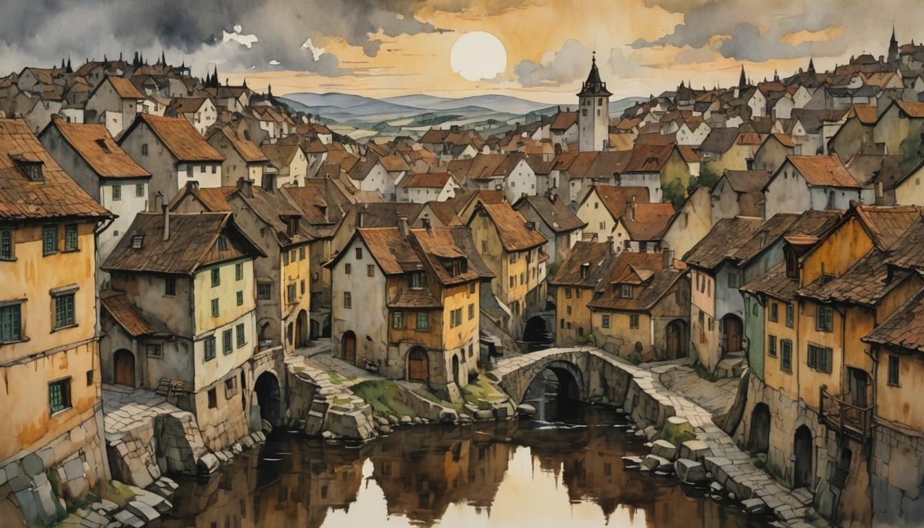 Old Stone Town Watercolor with Golden Sky