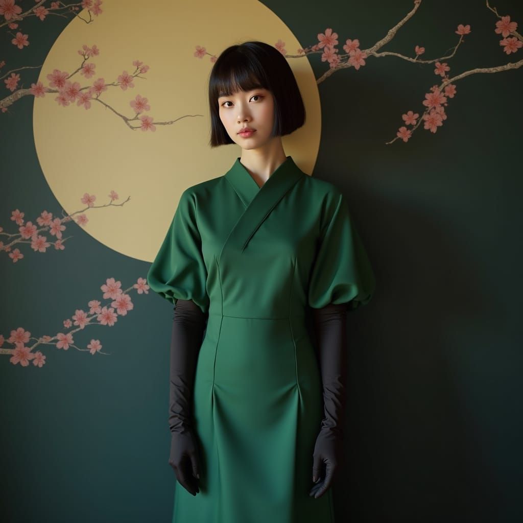 Japanese Fashion Model in Green European Dress