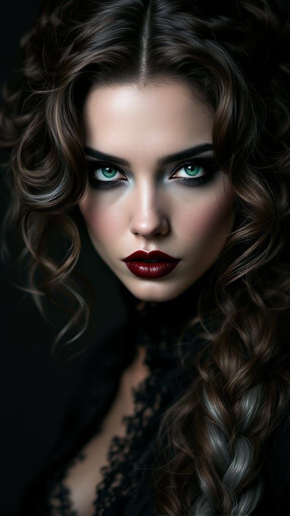 Gothic Portrait of a Woman with Piercing Green Eyes and Dark...