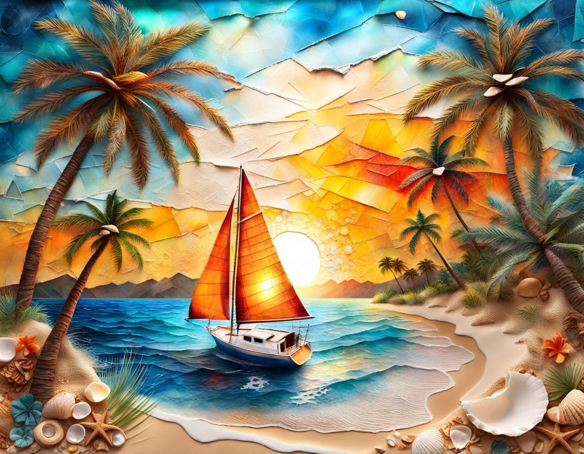Tropical Sailboat Collage at Sunrise, Mixed Media Art